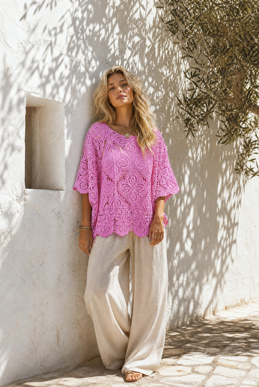Virkattu poncho pinkki