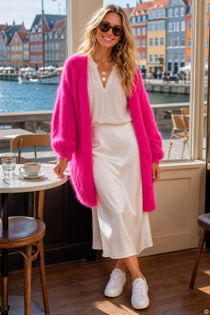 Mohairneuletakki pitkä neon fuksia